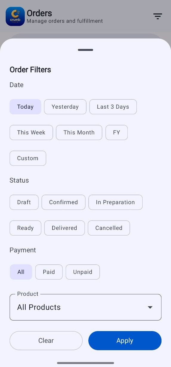 Order filters screen